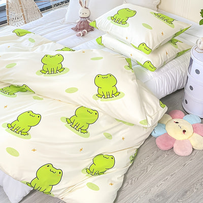 Fashionable Fun: 3-Piece Cartoon Frog Print Duvet Cover Set for Vibrant Bedrooms