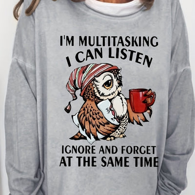 Women's Cute Owl & Letter Print Crew Neck Sweatshirt - Casual Long Sleeve Pullover for Spring & Fall