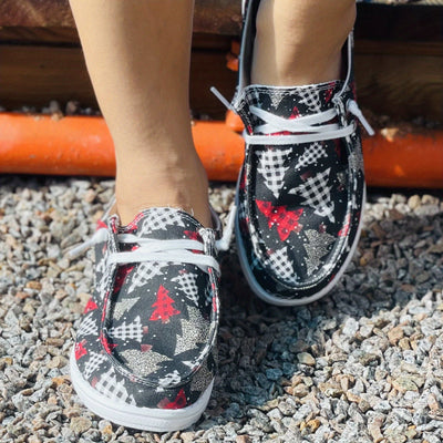 Stylish Women's Christmas Tree Printed Shoes: Casual Low-Top Slip-ons with Lace-up, Lightweight Design - Perfect for the Holiday Season!