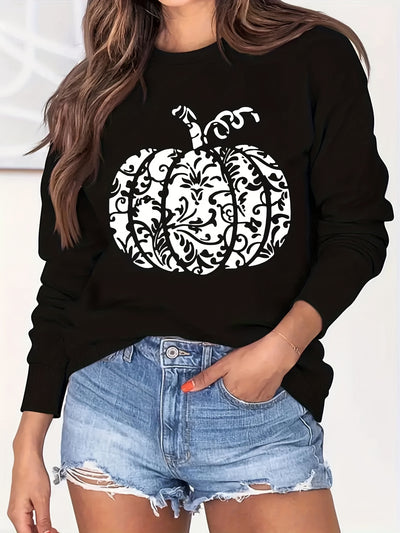 Halloween Pumpkin Pattern Sweatshirt: Spooky and Stylish Crew Neck Long Sleeve for Women