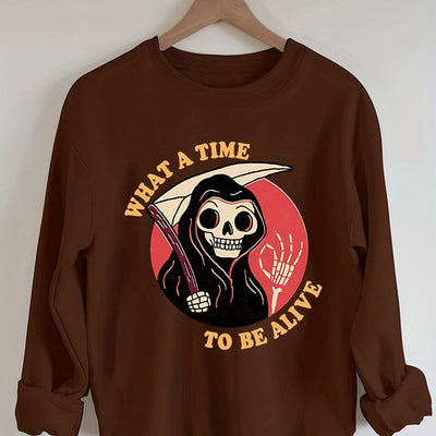 Darkly Stylish: Women's Plus Size Halloween Grim Reaper Sweatshirt with Slogan Print