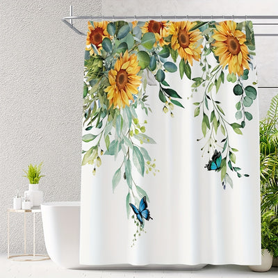 Transform Your Bathroom with our Sunflower Pattern Shower Curtain: Waterproof, Mildew-Proof, and Stylish Polyester Bath Curtain with 12 Hooks