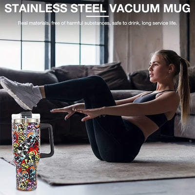 40oz Skull Colorful Tumbler: 304 Stainless Steel, Vacuum Insulated, Portable Car Cup Tumbler With Handle & Straw - The Perfect Gift for Any Occasion!