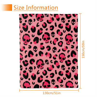 Cozy and Stylish: Pink Skull Leopard Print Flannel Blanket, Perfect for Couch, Sofa, Office, Bed, Camping, and Traveling