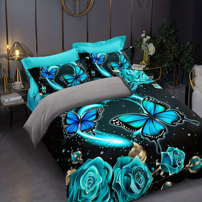 Duvet Cover Set with Butterfly and Rose Print - Soft and Comfortable Bedding Set for Bedroom or Guest Room (1*Duvet Cover + 2*Pillowcases, Without Core)