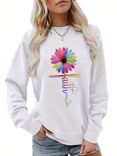 Faith & Colorfull Flower Print Sweatshirt, Casual Long Sleeve Crew Neck Sweatshirt For Fall & Winter, Women's Clothing