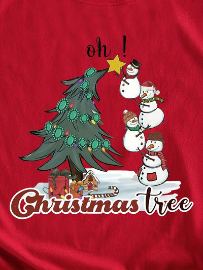 Festive and Fun: Christmas Tree Snowman Print T-Shirt - A Stylish Addition to Women's Casual Wardrobe