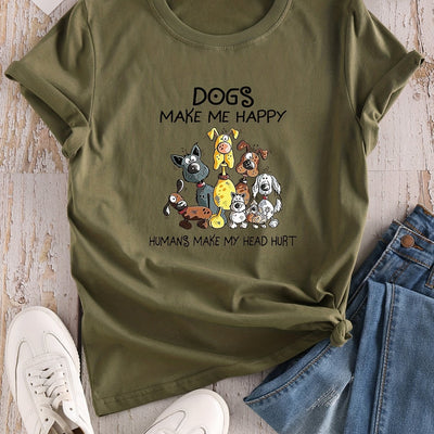 Casual and Trendy: Cartoon Dog Print Crew Neck T-Shirt for Fashionable Summer Looks