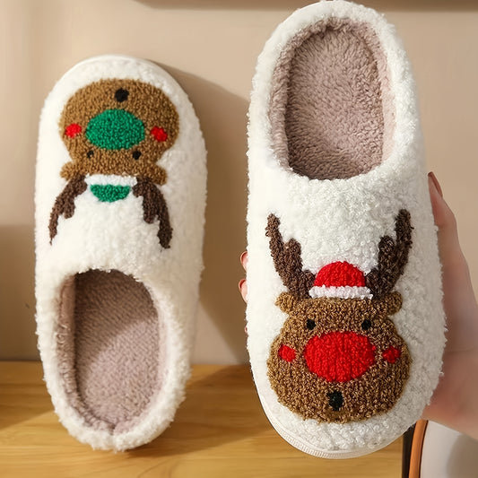 Festive Cartoon Christmas Deer Print Slippers: Slip-On, Non-Slip, Warm and Cozy Indoor Shoes