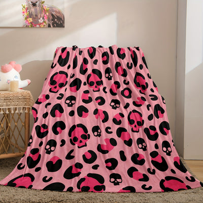 Cozy and Stylish: Pink Skull Leopard Print Flannel Blanket, Perfect for Couch, Sofa, Office, Bed, Camping, and Traveling