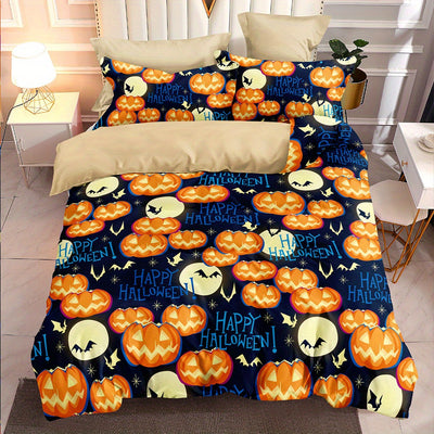 Spooktacular Dreams: Halloween-Themed Duvet Cover Set - Moon, Pumpkin, and Bat Design for Festive Bedroom Decor(1*Duvet Cover + 2*Pillowcases, Without Core)