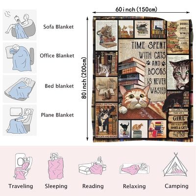 This luxurious blanket is a warm and cozy reminder of the joys of spending time with cats and books. Crafted from high-quality material with a soft wool-like feel, it will instantly become a treasured favorite. The perfect gift for anyone who loves cats and books.