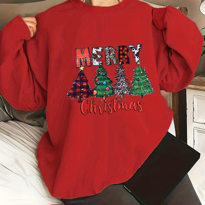 Cozy and Festive: Plus Size Christmas Casual Sweatshirt with Tree Slogan Print