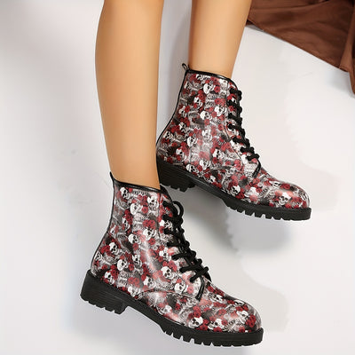 Skull Rose Patterned Women's Halloween Combat Boots: All-Match Lace-Up Shoes for a Spooky Stylish Look