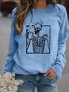 Halloween Skull Drink Graphic Print Sweatshirt, Casual Long Sleeve Crew Neck Sweatshirt, Women's Clothing