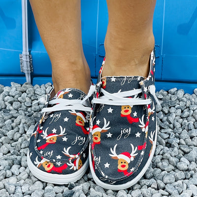 Whimsical Holiday Treat: Women's Cute Cartoon Deer Print Slip-On Shoes for Christmas Cheer