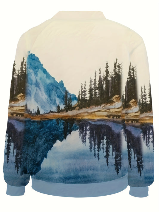 Mountain Oasis: Women's Landscape Print Crew Neck Sweatshirt - A Casual Long Sleeve Drop-Shoulder Affair