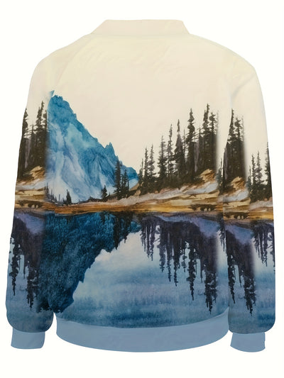 Mountain Oasis: Women's Landscape Print Crew Neck Sweatshirt - A Casual Long Sleeve Drop-Shoulder Affair