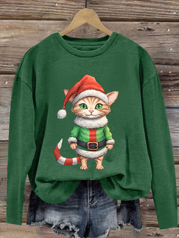 Festive Feline: Christmas Cat Print T-Shirt for Women - Casual Crew Neck Long Sleeve Tee