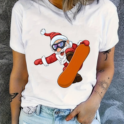 Festive Cheer: Christmas Santa Claus Print T-Shirt - Perfect Casual Crew Neck Short Sleeve Top for Women's Clothing