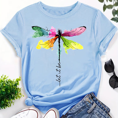 Colorful Dragonfly Print Crew Neck T-Shirt, Casual Short Sleeve T-Shirt For Spring & Summer, Women's Clothing