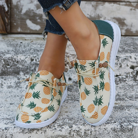 Women's Pineapple Pattern Canvas Shoes, Comfortable Low Top Slip On Sneakers, Casual Flat Walking Shoes
