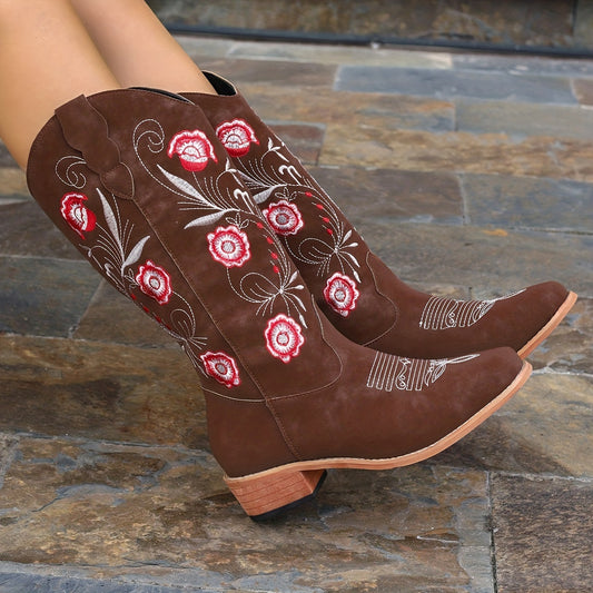 Fashionably Versatile: Women's Flower Embroidery Cowboy Boots with a Retro Twist