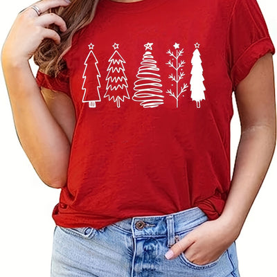 Festive Joy: Christmas Tree Print Tee - Casual Short Sleeve Crew Neck T-Shirt for Women's Clothing