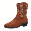 Sunflower Delight: Women's Fashionable Slip-on Cowboy Boots with Chunky Heel and Embroidered Accents