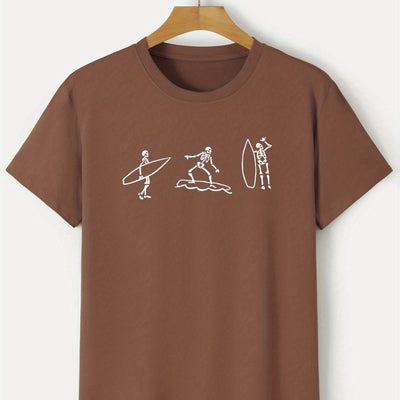 Surfing Skeleton: Embrace Summer Vibes in This Casual Stretch Crew Neck Graphic Tee for Men