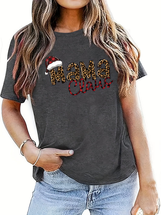 The Mama Claus pattern crew neck T-shirt is a perfect summer essential for women's clothing. Crafted from breathable cotton, the T-shirt is designed to provide comfort and style. The fun, festive pattern is sure to brighten up any summer outfit.