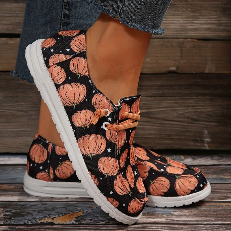 Women's Pumpkin & Cat Print Canvas Shoes, Casual Lace Up Outdoor Shoes,  Lightweight Low Top Halloween Shoes