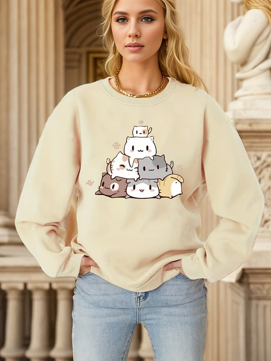 Elevate your style with our Feline Finesse: Cute Cat Print Sweatshirt. Made with a trendy long sleeve crew neck design, this sweatshirt is perfect for any cat lover looking to add a touch of feline finesse to their wardrobe. With its cute cat print, you'll be sure to turn heads while staying cozy and fashionable.