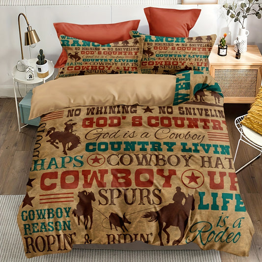 Rustic Western Cowboy Knight Printed Duvet Cover Set: Comfortable Bedding for Your Bedroom or Guest Room(1*Duvet Cover + 2*Pillowcases, Without Core)