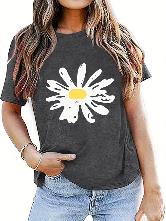 This classic short-sleeve crew t-shirt was designed for a feminine silhouette, with a 95% cotton and 5% spandex blend that provides both comfort and shape retention. Paired with a daisy print under the collar, this stylish t-shirt is a perfect addition to any woman's spring or summer wardrobe.