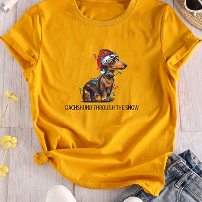 Casual Christmas Dog Print Crew Neck T-Shirt: A Stylish and Playful Addition to Your Spring/Summer Wardrobe