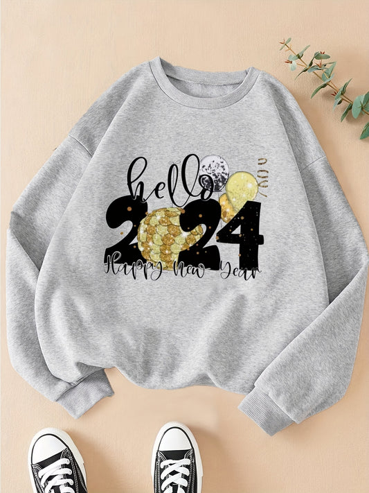 Stay warm and stylish in Hello 2024's Women's Casual Long Sleeve Crew Neck Sweatshirt for Winter/Fall. Made with soft fabric, this sweatshirt features long sleeves and a classic crew neck design. Perfect for cooler months, this sweatshirt is a must-have for any fashion-forward woman.