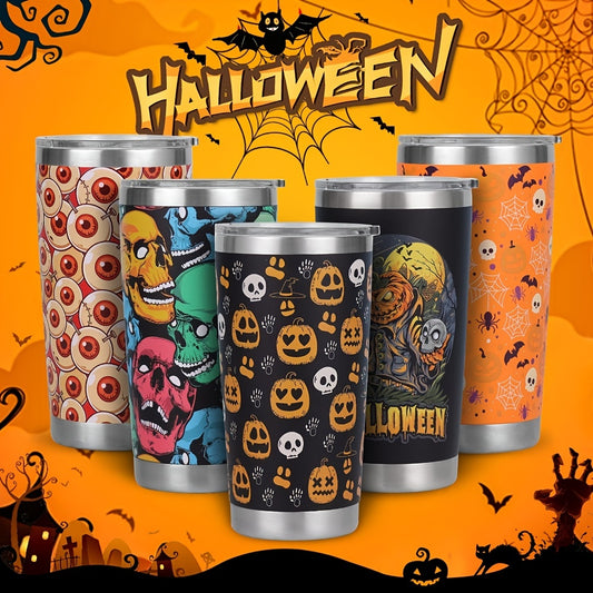 This 20oz stainless steel Halloween pumpkin pattern tumbler is perfect for outdoor adventures. It's double walled and insulated to keep drinks cold for hours and comes with lid and straw for easy sipping. Perfect for summer and winter travel!
