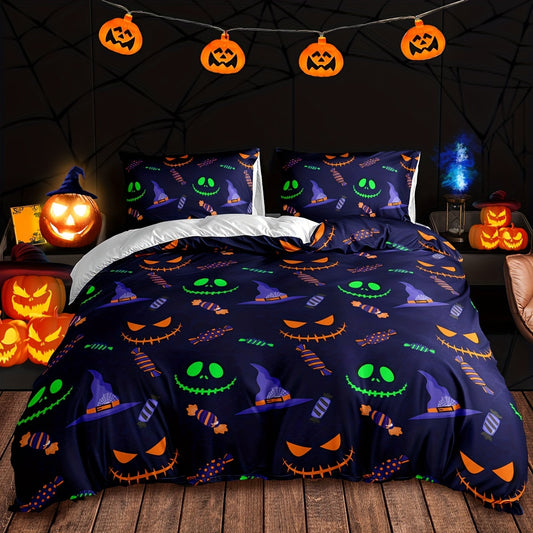 Bring a spooky yet cozy atmosphere to your bedroom with this Halloween Candy Devil Print Duvet Cover Set. Crafted with super soft fabric, this 3-piece set adds a touch of unique pattern and style to your bedroom, providing ultimate comfort for a restful night's sleep. Includes 1 duvet cover and 2 pillowcases, perfect for creating a dreamscape you'll love.