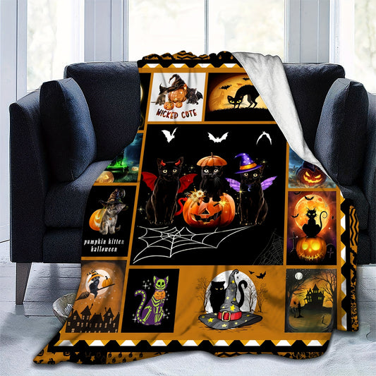 Cozy Halloween Elements Pattern Flannel Blanket: Luxurious, Soft, and Stylish Throw for Sofa, Bed, and Living Room Décor – Perfect Warm Printed Gift, Machine Washable and Durable
