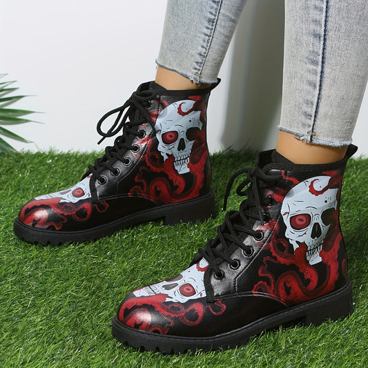 These women's combat boots add a stylish touch to any outfit. Crafted with a slip-resistant rubber sole and lace-up closure for the perfect fit, these boots keep you comfortable and fashionable all day long. Eye-catching skull print adds an edgy twist to any Halloween costume!