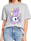 Fierce and Playful: Cartoon Cat Skull Print Crew Neck T-Shirt - Stay Cool and Stylish this Spring/Summer!