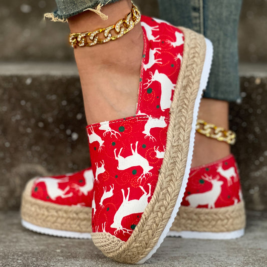 Stylish Women's Deer Print Canvas Shoes: Comfortable Slip-On Espadrille Shoes with Platform - Perfect for Christmas