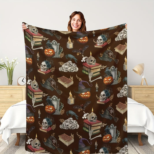 This Vintage Halloween Horror throw blanket features a unique design of a skull, pumpkin, and book print. Crafted from 100% polyester flannel, the blanket is soft and warm, ideal for cozy nights. The vintage design makes the blanket a great way to evoke the spooky spirit of Halloween.