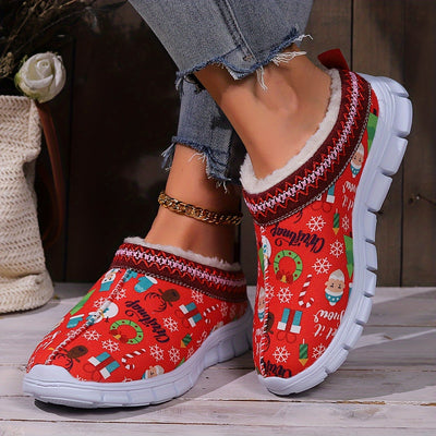 Festive Coziness: Cute Santa Claus Print Plush-Lined Slippers for Christmas Delights
