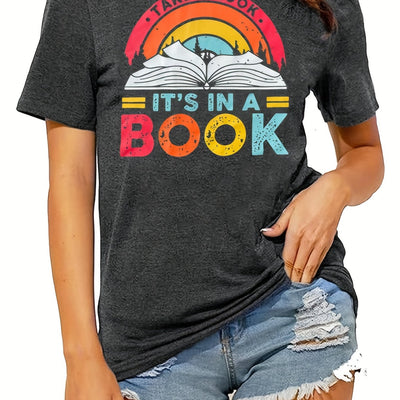 Vibrant Letter Book Print T-Shirt: A Stylish Casual Top for Women's Spring/Summer Wardrobe