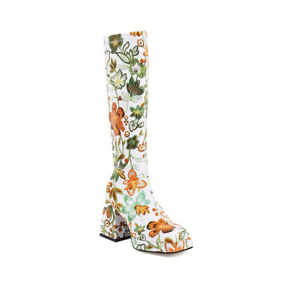 Fashionable Women's Flower Pattern Chunky Heel Boots: Stylish Slip-On Knee-High Boots with Square Toe Design