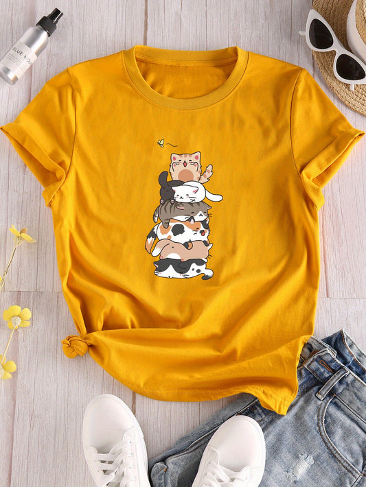 Elevate your fashion game with our Stylish and Casual Women's Cat Print Crew Neck T-Shirt. Its trendy design and comfy fit make it a must-have for any spring/summer wardrobe. Show off your love for cats with this fashionable piece.