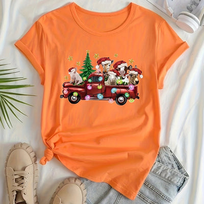 Jolly Festive Vibes: Christmas Graphic Print Summer T-Shirt - Women's Cute Short Sleeve Crew Neck Top