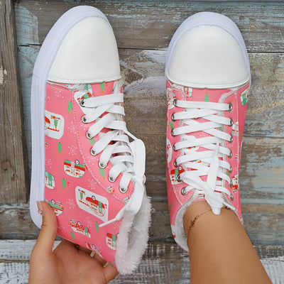 Cute and Cozy: Women's Cartoon Print Canvas Shoes - Casual, Plush-Lined High Tops